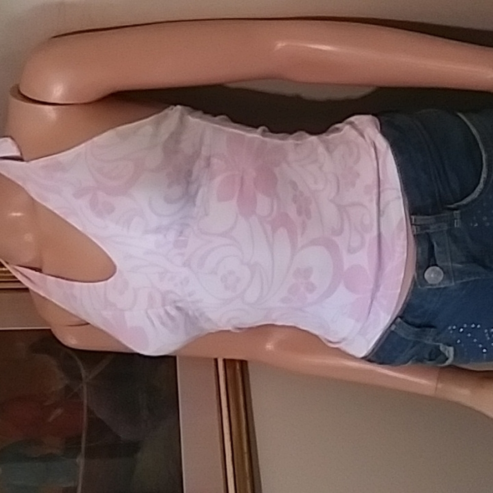 Ocean Drive Pink White Floral tie neck halter EUC